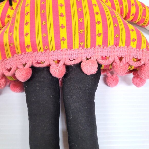 Ragdoll 19'' Handmade Vintage Stuffed Doll Pom Pom Black Yarn Hair Dress - Picture 6 of 7